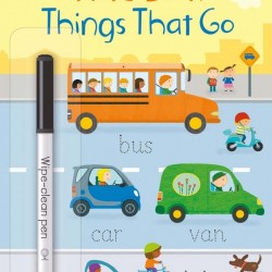 Usborne little wipe clean word book things that go, carte cu marker, de tip scrie și șterge la nesfârșit