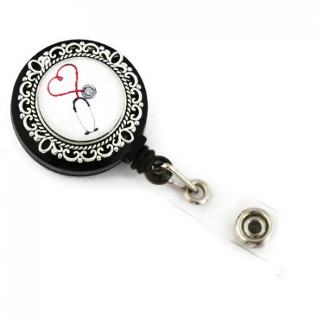 Accesoriu ecuson stetoscop cu fundal alb - baza argintie cu model floral