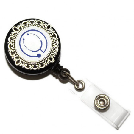 Accesoriu ecuson stetoscop albastru - baza argintie cu model floral