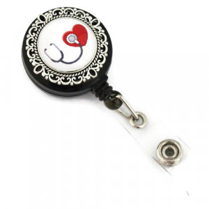 Accesoriu ecuson stetoscop negru si inimioara rosie - baza argintie cu model floral