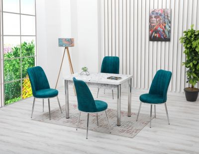 Set masă SOFIA extensibilă, alb marmorat cu 4 scaune albastru cobalt