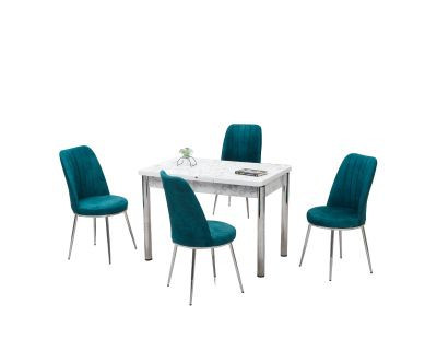 Set masă SOFIA extensibilă, alb marmorat cu 4 scaune albastru cobalt