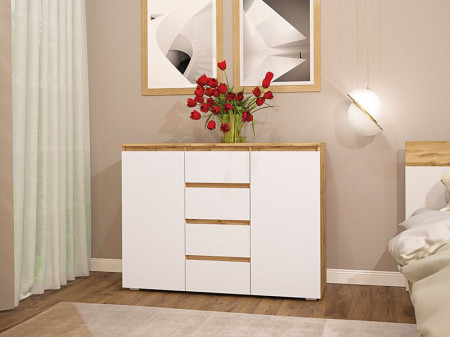 Comoda Richi 1200, 2 Usi 4 Sertare, Stejar Taho + Alb