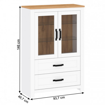 Vitrina 2 Usi si 2 Sertare, Lanzette, Alb Stejar Kraft
