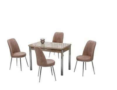 Set masă SOFIA extensibilă, maro marmorat cu 4 scaune bej deschis