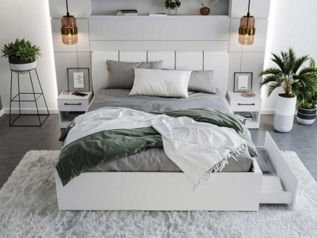 Set Dormitor Val, Alb Tapitat, cu Dressing 2 Usi Oglinda/Alb