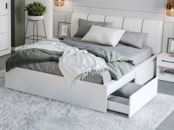 Set Dormitor Val, Alb Tapitat, cu Dressing 2 Usi Oglinda/Alb