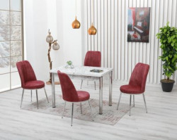 Set masă SOFIA extensibilă, alb marmorat cu 4 scaune grena-vișiniu
