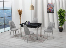Set masă SOFIA extensibilă, NEGRU marmorat cu 4 scaune griu deschis