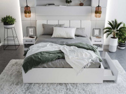 Set Dormitor Val, Alb Tapitat, cu Dressing 2 Usi Oglinda/Alb