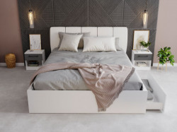 Set Dormitor Val, Alb Tapitat, cu Dressing 2 Usi Oglinda/Alb