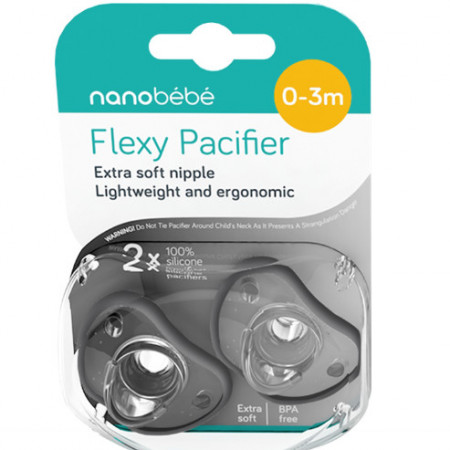 Nanobebe Suzete din silicon flexibile x 2 buc, 0-3 luni, gri