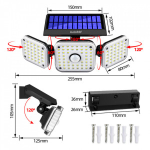 Lampa solara de perete MustWin, 1000 lm, LED, 112 leduri, 3 moduri, incarcare solara si senzor de miscare,