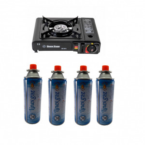 Aragaz/Arzator/ Incalzitor Camping/Voiaj Portabil + 4 buc. butelie Spray GAZ