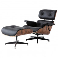 Fotoliu Eames Lounge Chair cu Otoman furnir Palisandru piele neagra