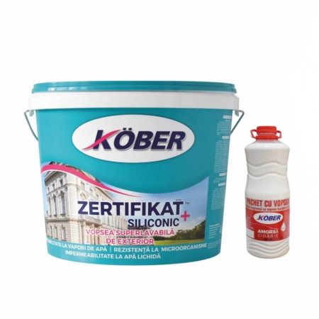 Pachet vopsea superlavabila siliconica exterior, Kober Zertifikat, alba, 15 L + amorsa zidarie 3 L