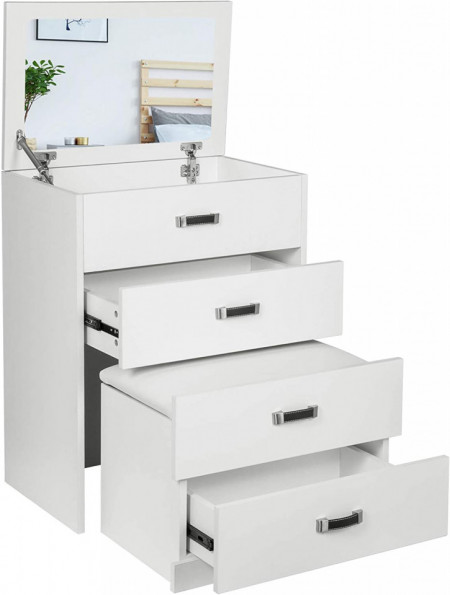 SEA285 - Set Masa toaleta, 60 cm, cosmetica machiaj cu oglinda, masuta vanity, scaun tapitat, comoda make-up- Alba
