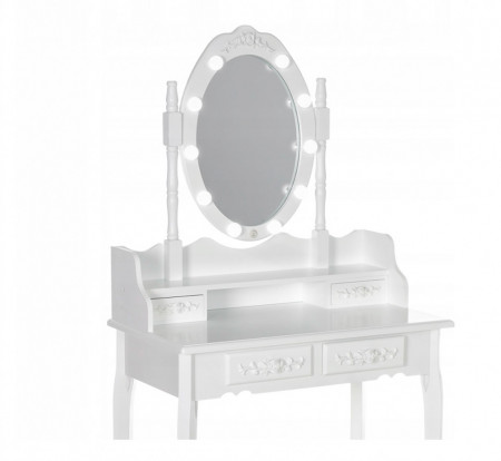 SEA517 - Set Masa alba toaleta, 75 cm, cosmetica machiaj oglinda cu LED, masuta vanity, scaunel, taburet tapitat