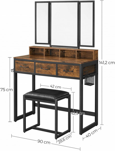 SEM222 - Set Masa toaleta, 90 cm, cosmetica machiaj cu oglinda tripla, masuta vanity - Maro stil industrial