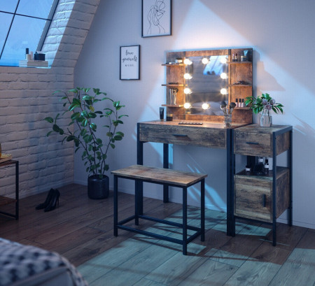 SEM228 - Set Masa toaleta, 110 cm, cosmetica machiaj oglinda cu sau fara LED, masuta vanity, cu sau fara bancuta - Maro stil industrial
