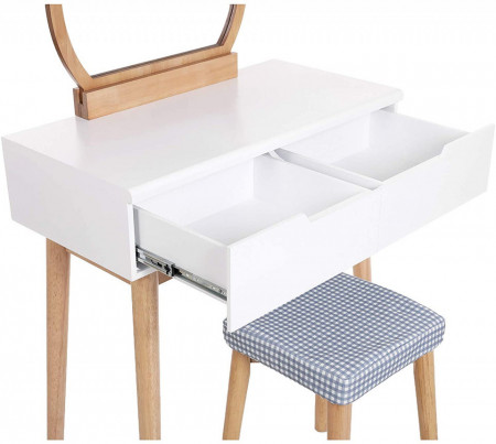 SEA221 - Set Masa toaleta, 80 cm, cosmetica machiaj oglinda masuta vanity, scaunel, taburet tapitat Alb-Maro