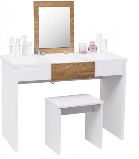 SEA291 - Set Masa toaleta, 100 cm, cosmetica machiaj, oglinda rabatabila , masuta vanity, comoda make-up, scaun - Alb-Maro