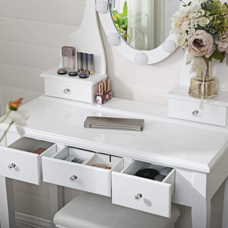 SEA343 - Set Masa toaleta cosmetica 80 cm machiaj masuta vanity, oglinda make-up cu LED, cosmetica cu scaun tapitat - Alb