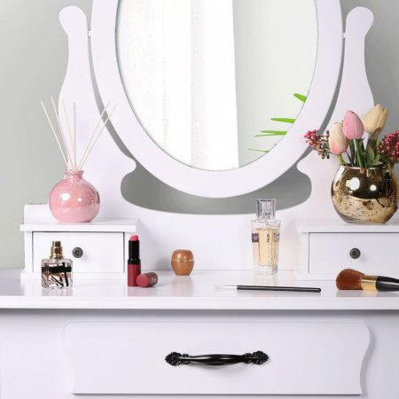 SEA607 - Set Masa toaleta, 72 cm, consola cosmetica machiaj masuta vanity make-up cu oglinda si scaun tapitat- Alb