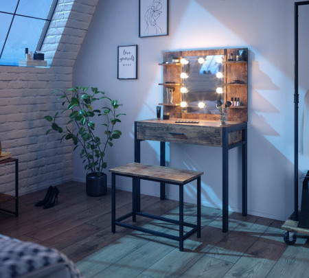 SEM226 - Set Masa toaleta, 80 cm, cosmetica machiaj oglinda cu sau fara LED, masuta vanity, cu sau fara bancuta - Maro stil industrial