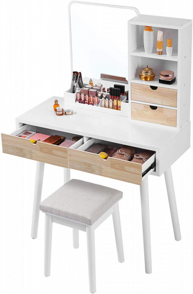 SEA342 - Set Masa toaleta cosmetica 90 cm machiaj masuta vanity, oglinda make-up, cosmetica cu scaun tapitat - Alb