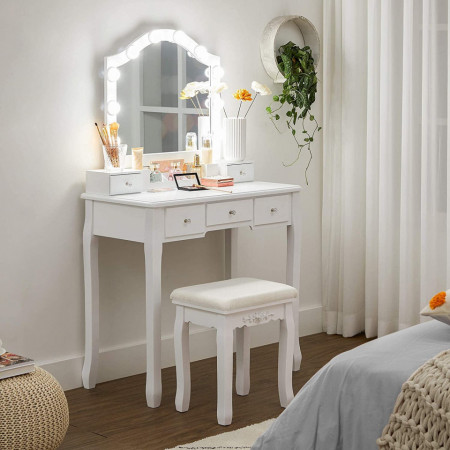 SEA375 - Set Masa toaleta, 80 cm, cosmetica machiaj, oglinda, masuta vanity cu taburet tapitat - Alb