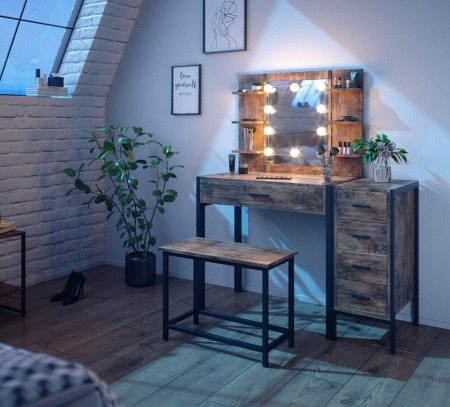 SEM227 - Set Masa toaleta, 110 cm, cosmetica machiaj oglinda cu sau fara LED, masuta vanity, cu sau fara bancuta - Maro stil industrial