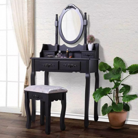 SEN113 - Set Masa Neagra toaleta cosmetica machiaj oglinda masuta cu 4 sertare