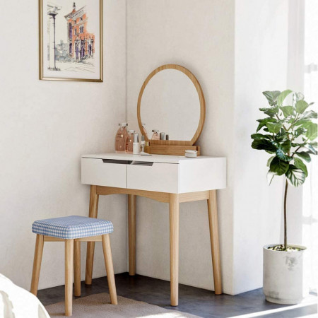 SEA221 - Set Masa toaleta, 80 cm, cosmetica machiaj oglinda masuta vanity, scaunel, taburet tapitat Alb-Maro