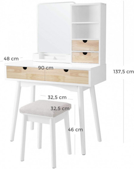 SEA342 - Set Masa toaleta cosmetica 90 cm machiaj masuta vanity, oglinda make-up, cosmetica cu scaun tapitat - Alb