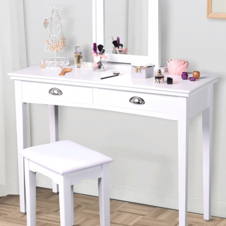 SEA606 - Set Masa toaleta, 100 cm, consola cosmetica machiaj masuta vanity make-up cu oglinda si scaun tapitat- Alb