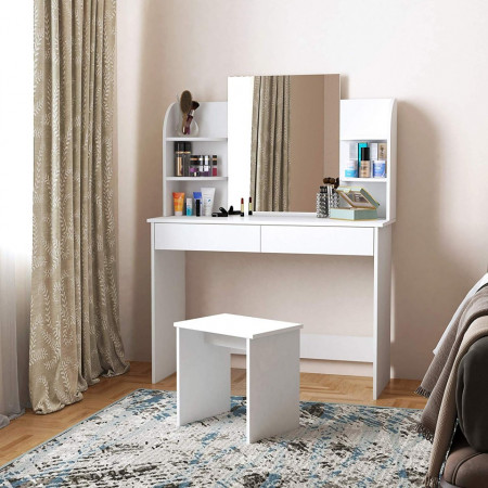 SEM214 - Set Masa toaleta 108 cm, cosmetica machiaj oglinda masuta vanity cu oglinda, rafturi si scaun - Negru, Alb