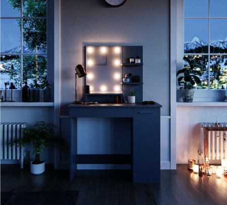 SEN229 - Set Masa toaleta, 90 cm, cosmetica machiaj oglinda cu sau fara LED, masuta vanity, cu sau fara scaunel - Antracit