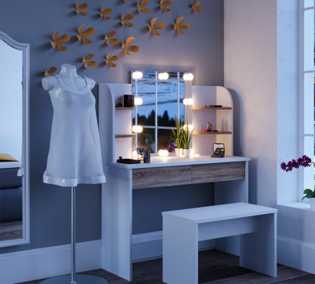 SEA275 - Set Masa toaleta cosmetica machiaj oglinda masuta vanity, oglinda cu sau fara LED - Alb-Maro
