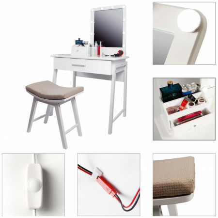 SEA287 - Set Masa toaleta, 80 cm, cosmetica machiaj, oglinda cu LED, masuta vanity, scaun tapitat, comoda make-up - Alb