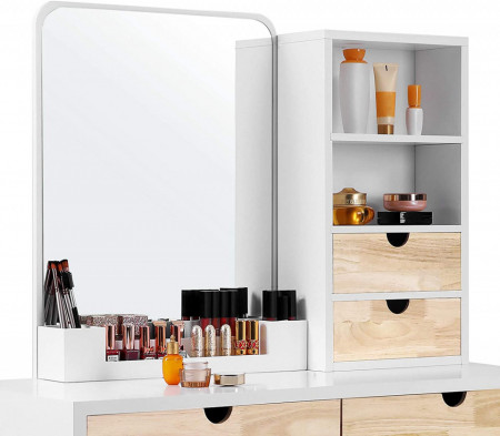 SEA342 - Set Masa toaleta cosmetica 90 cm machiaj masuta vanity, oglinda make-up, cosmetica cu scaun tapitat - Alb