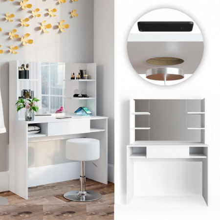 SEA414 - Set Masa alba toaleta cosmetica machiaj oglinda cu sau fara LED, cu sau fara scaun, masuta vanity cu incarcare Qi