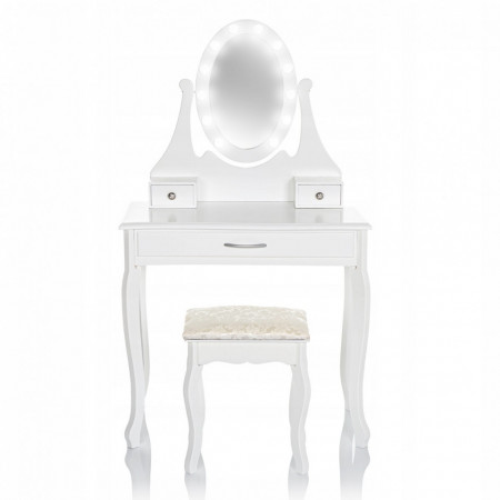 SEA519 - Set Masa alba toaleta, 75 cm, cosmetica machiaj oglinda cu LED, masuta vanity, scaunel, taburet tapitat