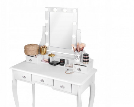 SEA521 - Set Masa alba toaleta, 80 cm, cosmetica machiaj oglinda cu LED, masuta vanity, scaunel, taburet tapitat
