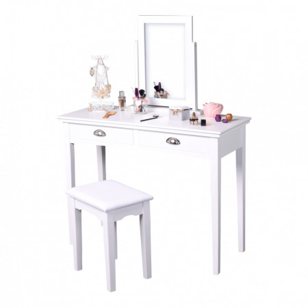 SEA606 - Set Masa toaleta, 100 cm, consola cosmetica machiaj masuta vanity make-up cu oglinda si scaun tapitat- Alb