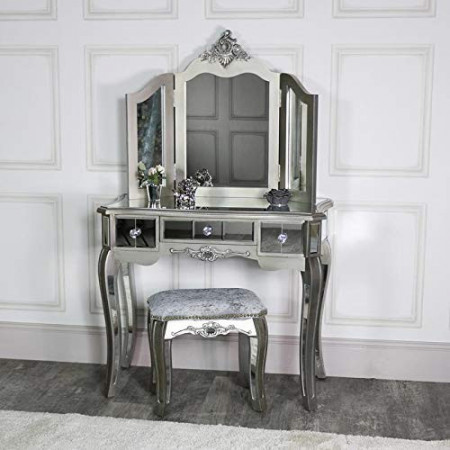 SEG113 - Set Masa Argintie toaleta, 90 cm, cosmetica machiaj oglinda masuta, scaun, taburet tapitat