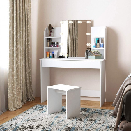 SEM214 - Set Masa toaleta 108 cm, cosmetica machiaj oglinda masuta vanity cu oglinda, rafturi si scaun - Negru, Alb