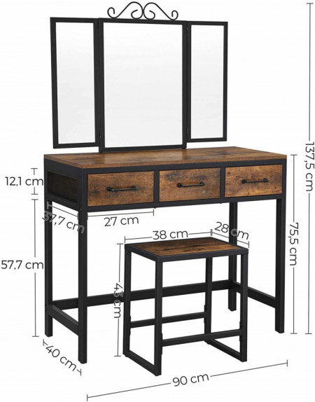 SEM223 - Set Masa toaleta, 90 cm, cosmetica machiaj cu oglinda tripla, masuta vanity - Maro stil industrial