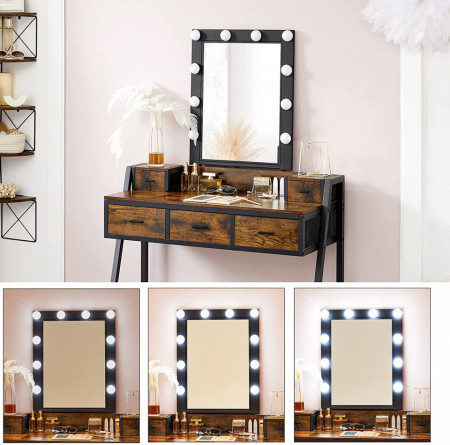 SEM230 - Set Masa toaleta, 90 cm, cosmetica machiaj cu oglinda cu LED, masuta vanity cu scaun tapitat - Maro stil industrial