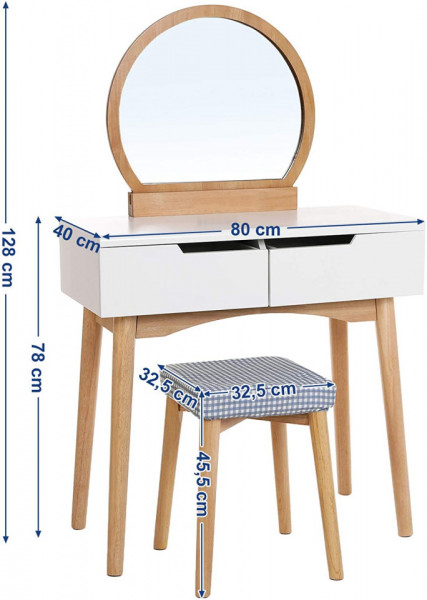 SEA221 - Set Masa toaleta, 80 cm, cosmetica machiaj oglinda masuta vanity, scaunel, taburet tapitat Alb-Maro